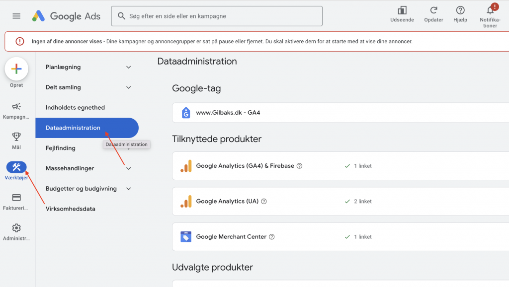 Forbind Merchant Center med Google Ads