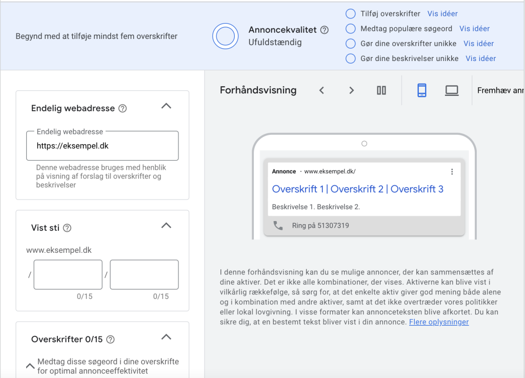 Google Ads annoncetekster