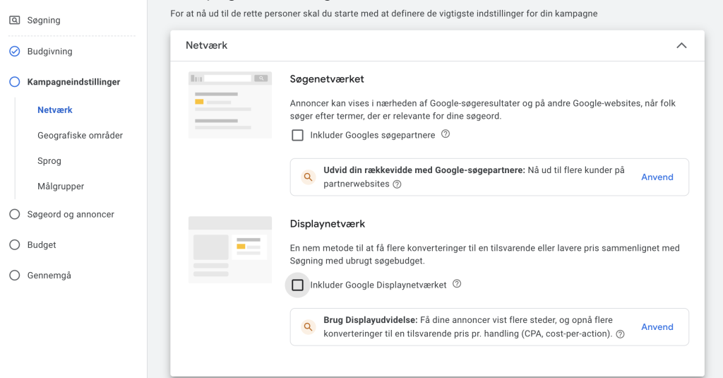 Google Ads kampagneindstillinger