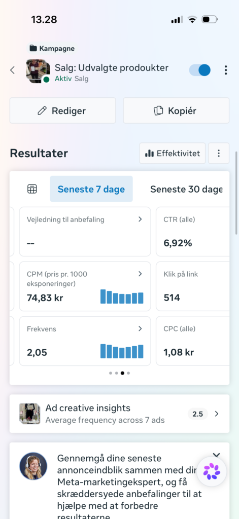 Meta Ads kampagneoversigt med CTR, CPM, CPC og klik for en reel salgskampagne